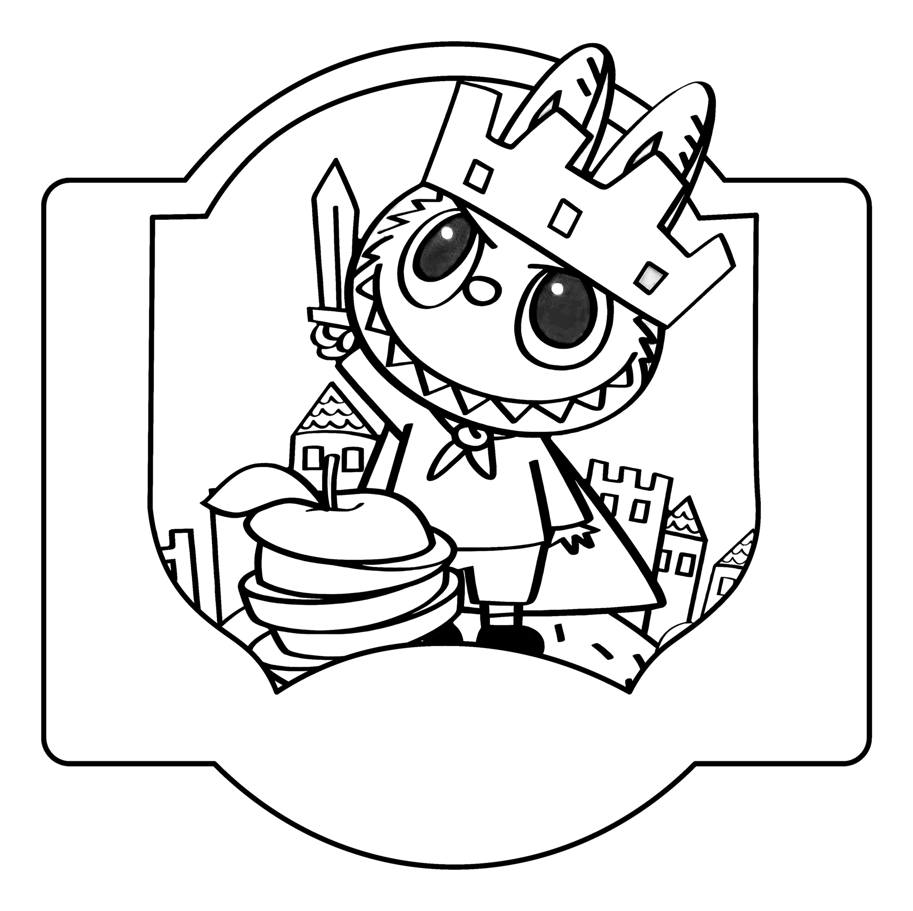 Labubu with apple framed design, line art for coloring